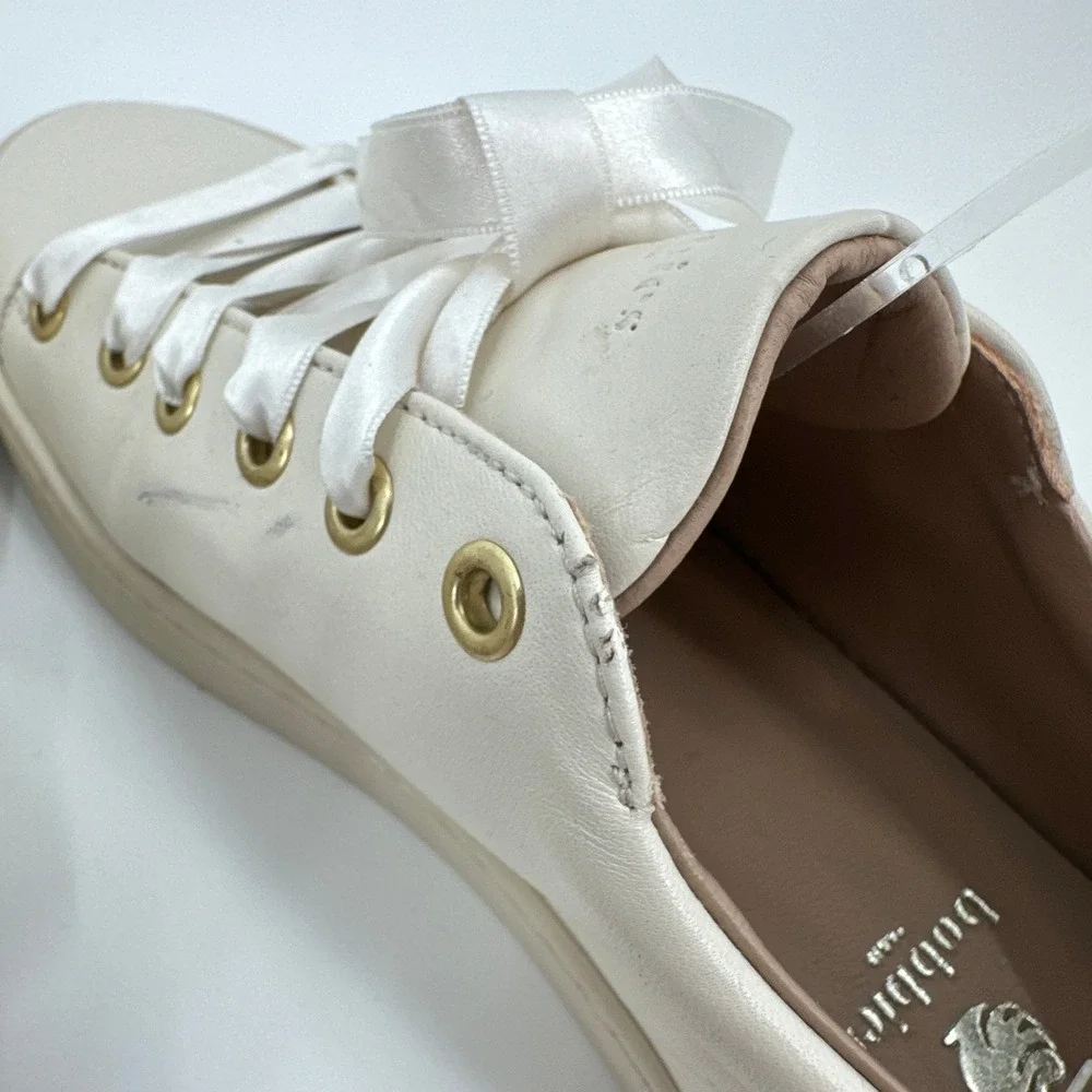 Bobbies Paris Women Off White Leather Sneakers Ribbon Laces Gold Eyelet 38 / 7.5